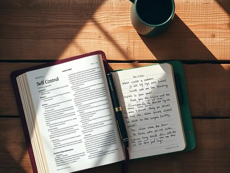 Bible and journal laid out on a table, encouraging Christian self-reflection and self-control.

