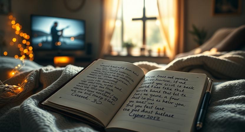 A cozy flat lay of an open journal with handwritten inspirational movie lines, a pen beside it, warm blanket, string lights glowing softly in the background, and a sunlit room creating a peaceful, reflective atmosphere.