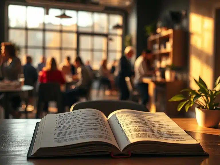Open book in foreground of busy coffee shop with people interacting in background, representing character observation and spiritual integrity in everyday moments