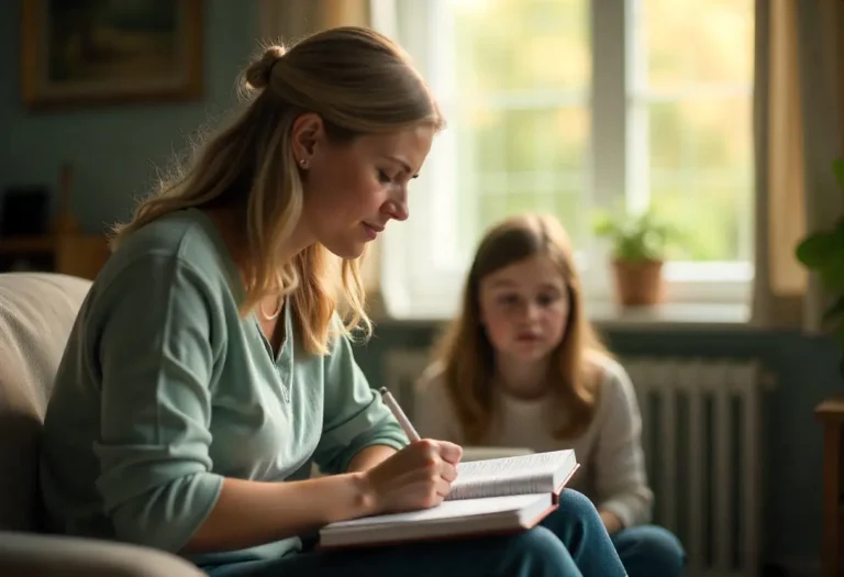 Mother writing in notebook while young daughter watches, demonstrating the seven reasons decision-making strategy for parents and children