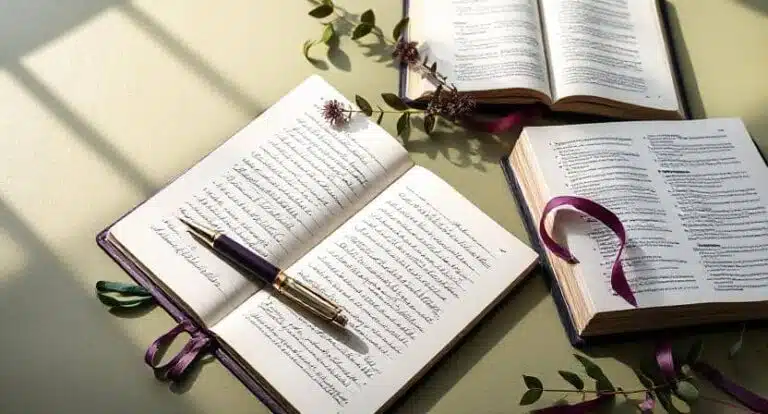 Open journal with handwritten Christian reflections, Bible, and purple pen on desk — inspirational scene for Christian writing prompts.