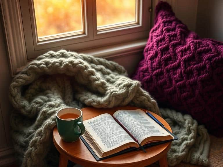 Cozy reading nook with open book, coffee mug, and knitted blankets by window - perfect space for spiritual writing prompts and soul care reflection