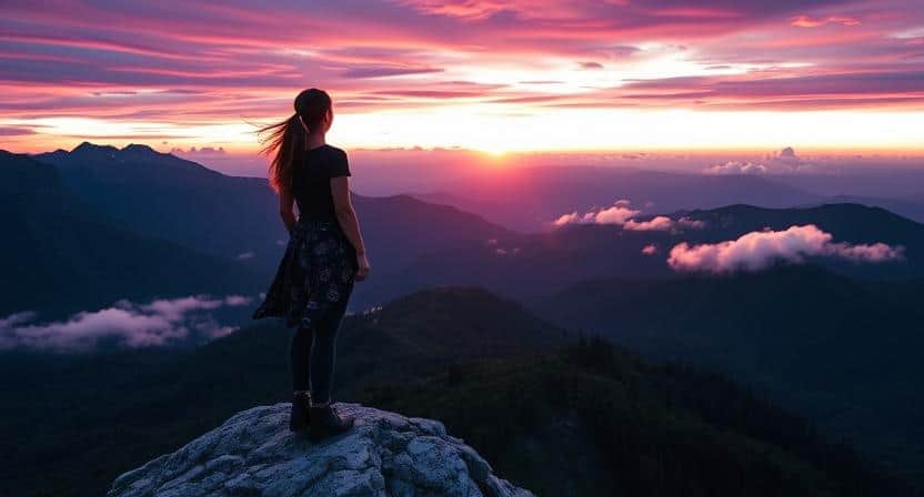 Woman standing confidently on mountain peak at sunset with purple sky, symbolizing triumph over challenges with positive mindset