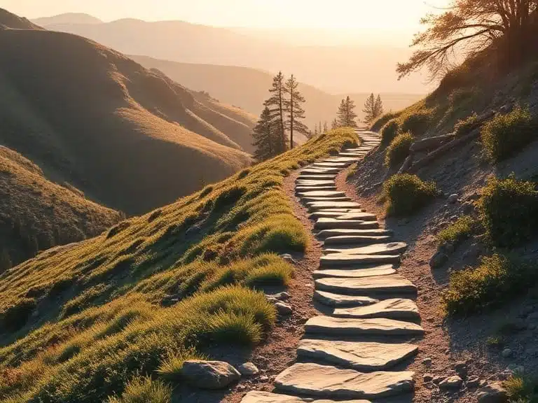 Stone steps leading uphill through mountain landscape at golden hour, representing positive mindset for overcoming problems and challenges