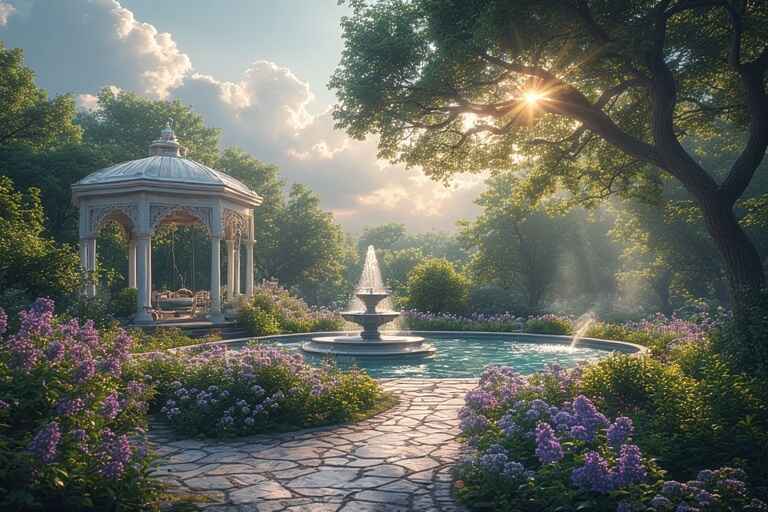 imagining heaven christian vision paradise Beautiful heavenly garden with gazebo and fountain symbolizing eternal peace and Christian afterlife
