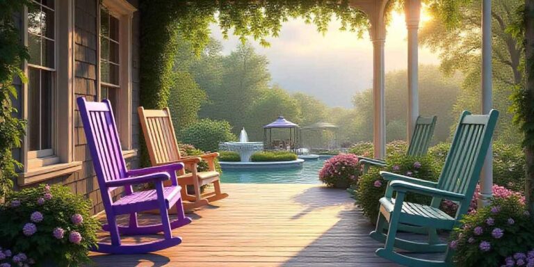 Colorful rocking chairs in peaceful garden scene for imagining heaven and the afterlife