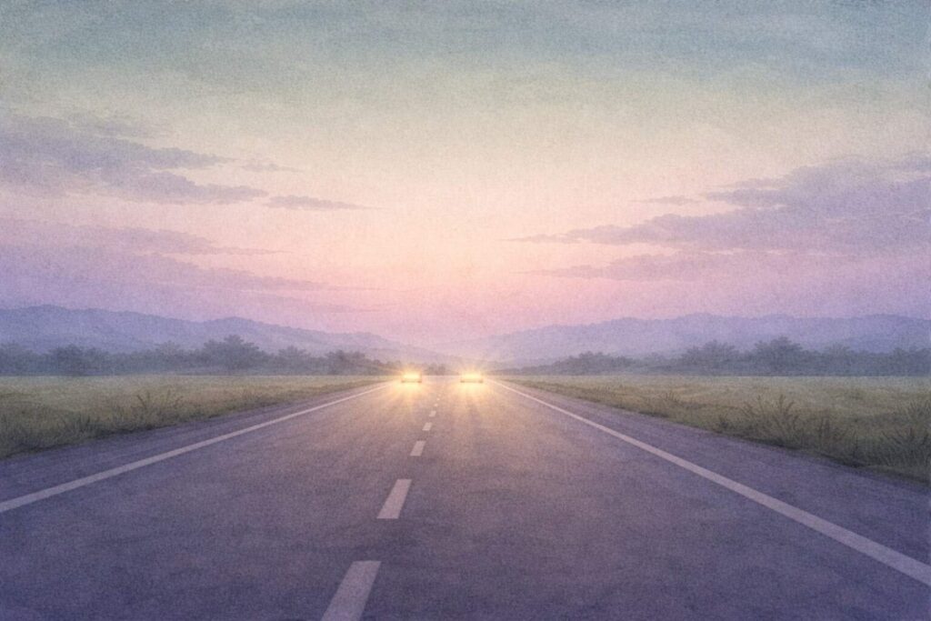 Two balanced headlights representing wisdom and grace on life's journey