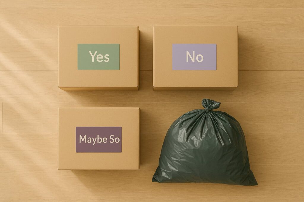 One garbage bag and three boxes representing the decluttering organization method