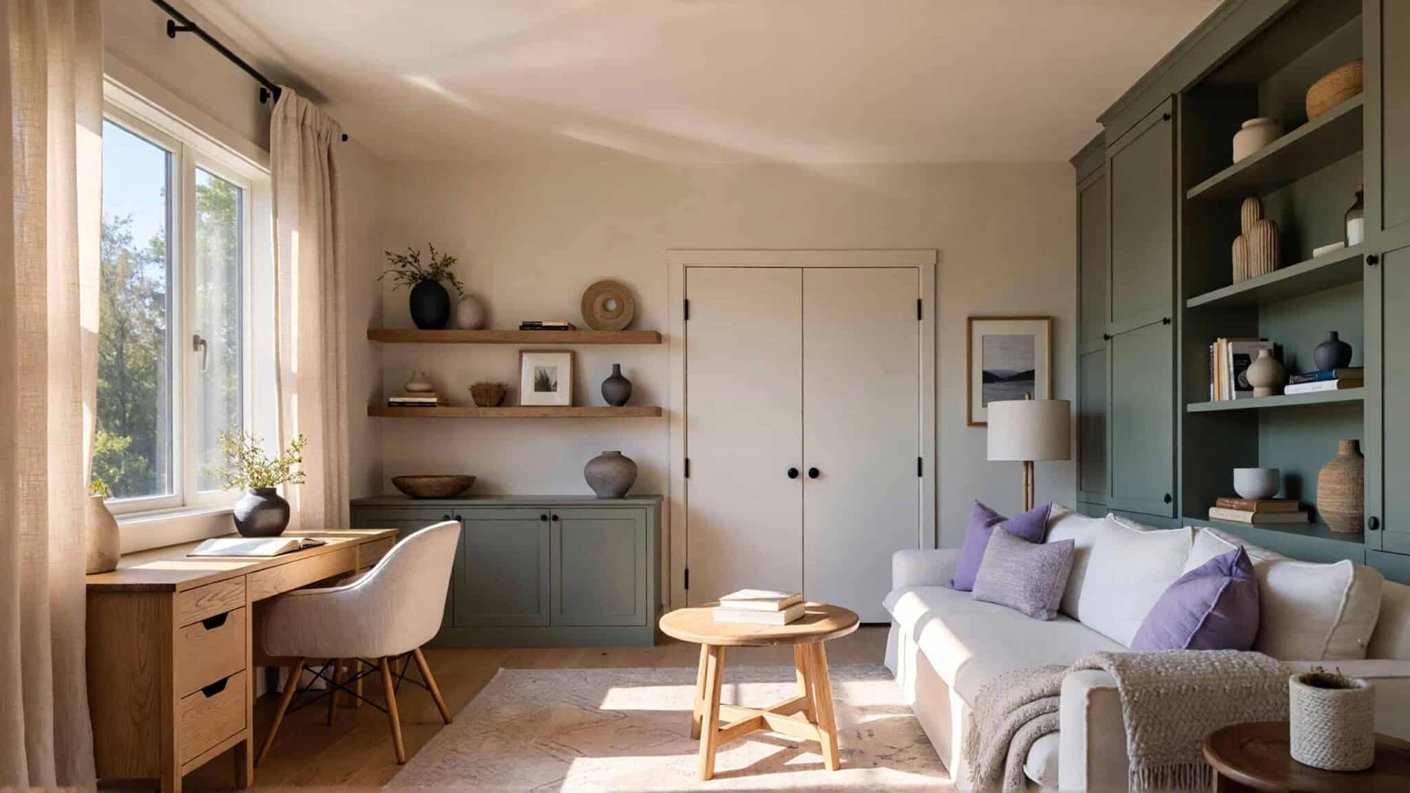 Decluttered peaceful home interior showing organized minimalist living space with clarity