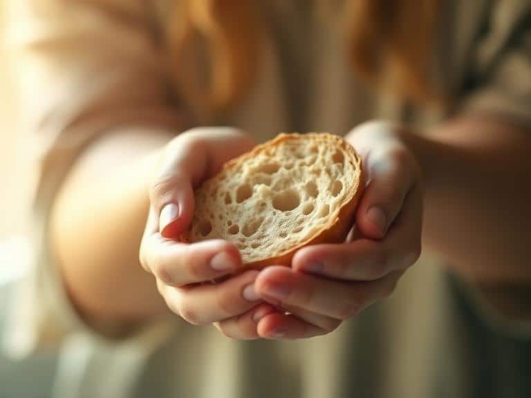 Hands gently receiving daily bread symbolizing how to slow down and embrace one day at a time