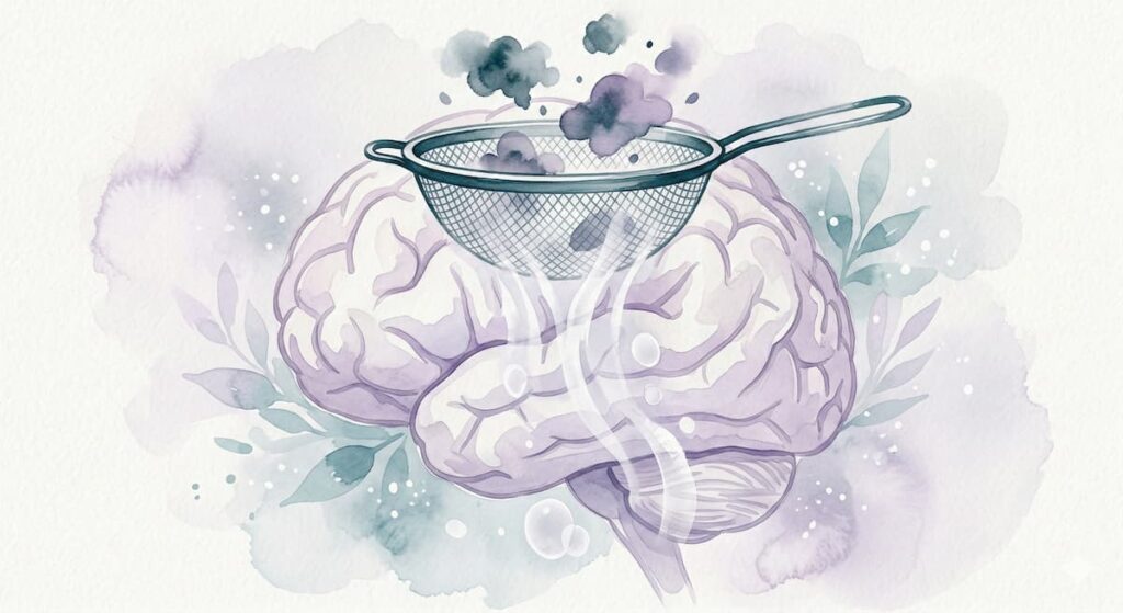 Peaceful brain illustration with thought filter representing mental health coping technique