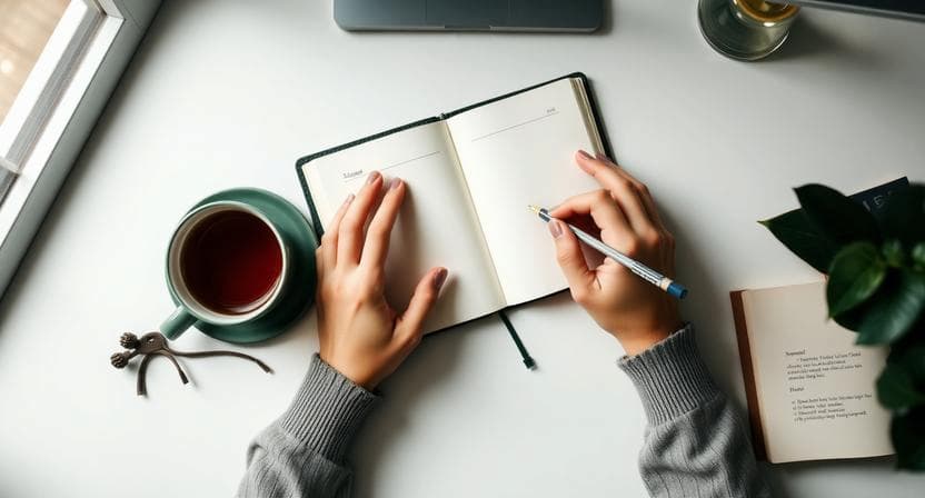 Woman's hands writing in journal with peaceful lighting representing pen and paper therapy