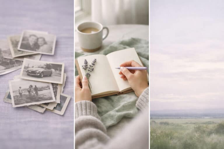Triptych showing past memories, present journal writing, and future horizon representing living in the present moment
