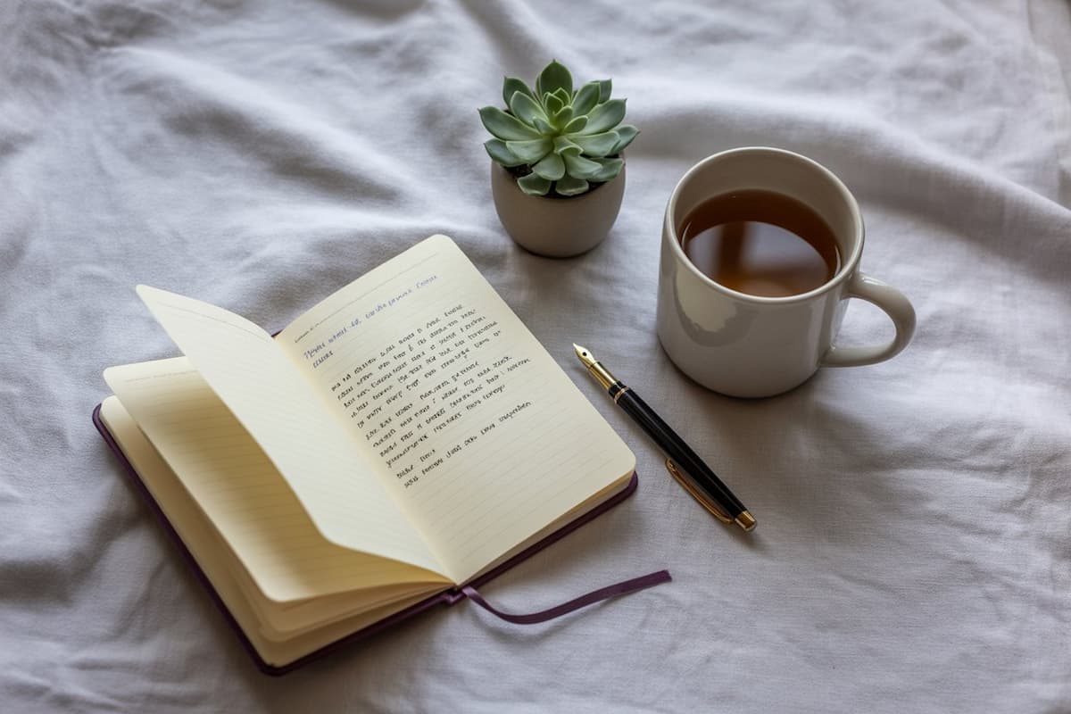 Peaceful workspace with journal, pen, and calming elements representing mental health coping techniques
