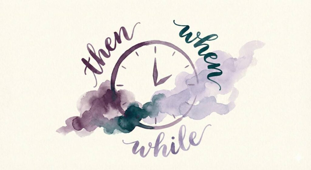 Watercolor illustration of clock with words then when while representing present moment awareness