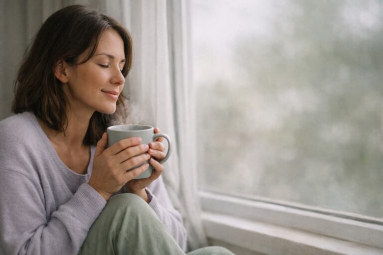 Peaceful woman taking quiet moment with tea representing finding calm in the midst of chaos