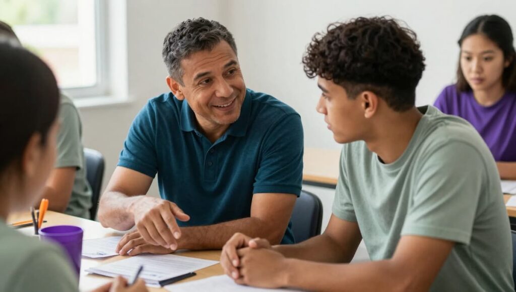 Mentor guiding young adult in public service representing thoughtful transitions to adulthood