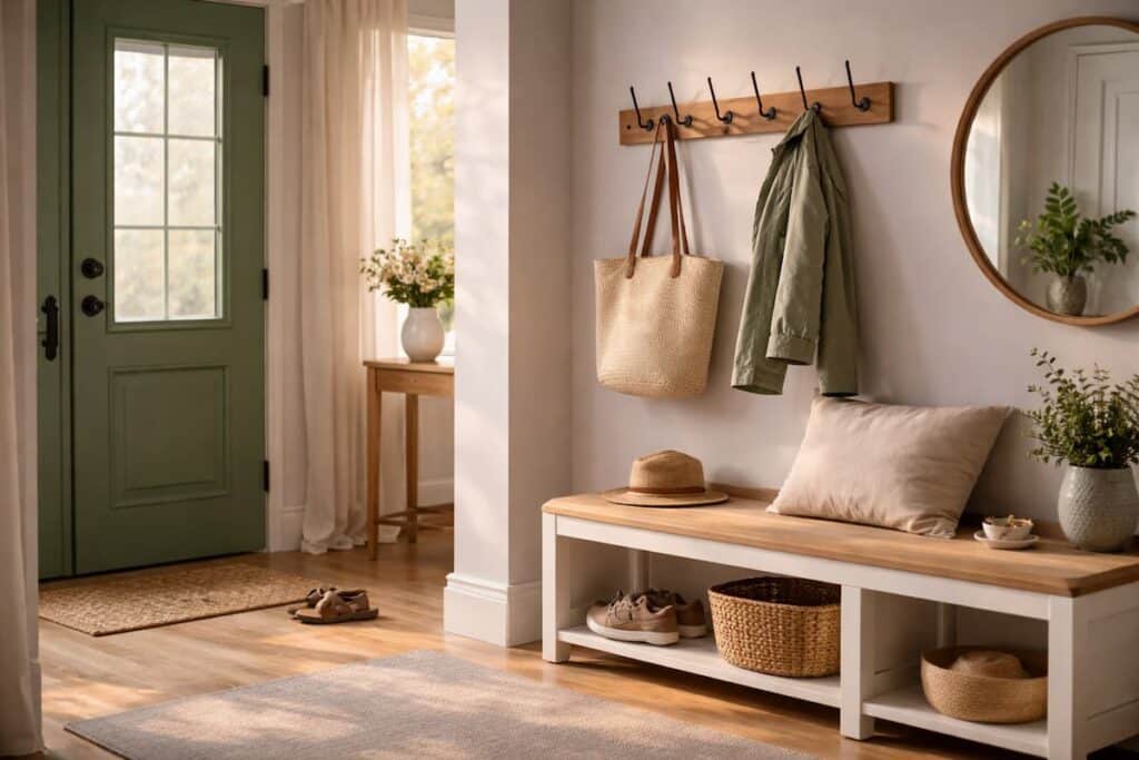 Peaceful home entryway representing 10-minute quiet transition for creating calm