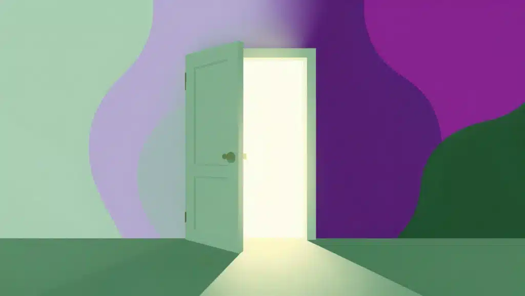 An abstract digital illustration of an open door letting in warm light, symbolizing spiritual resilience and navigating difficult people with grace.