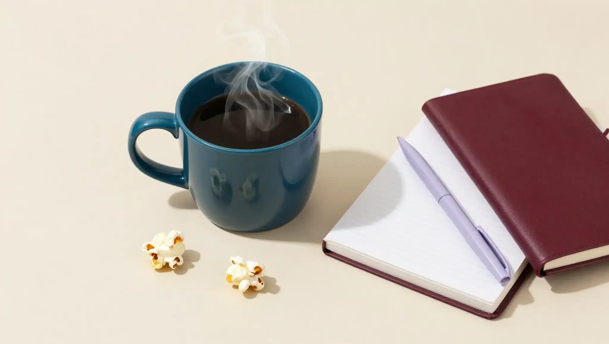 A flat-lay view of a single piece of popcorn next to a teal coffee mug and an open journal, representing soul care and how to spiritually reframe negative experiences.